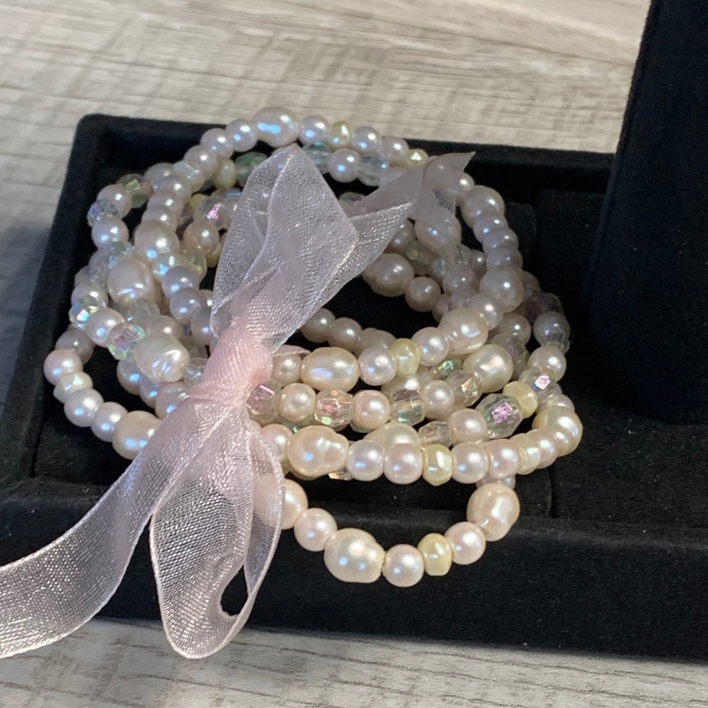 Freshwater Pearl and Crystal 5 Strand Stretch Bracelet Set Pink Ribbon 6 Inch